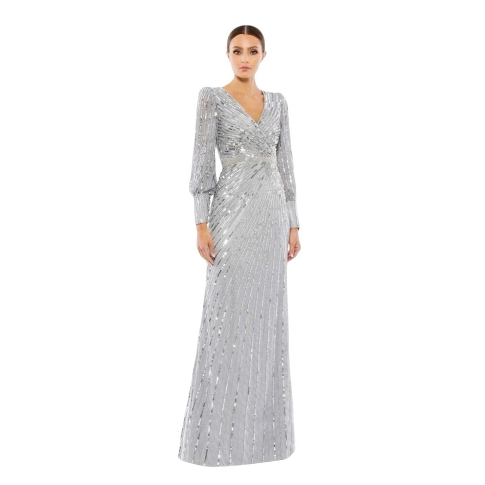 Mac Duggal 5501 Silver Sequin Bishop Sleeve Gown Size 16 $598
